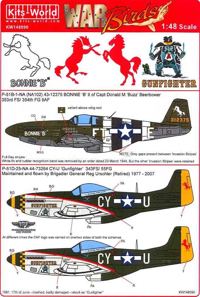 Kits World Decals 1/48 NORTH AMERICAN P51 MUSTANG Bonnie B & Gunfighter